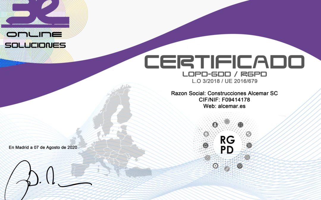 Certificado RGPD LOPD GDD LSSI Construcciones Alcemar SC